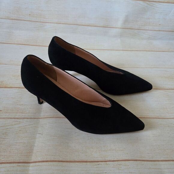 J. Crew Suede Leather Kitten Heels Pointy Toe Slide Women Shoes Size 6 1/2 Black - Picture 2 of 13